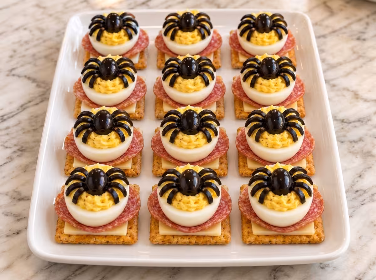 Luxury Halloween appetizer platter featuring twelve spider-themed deviled egg bites arranged in a neat 4-by-3 grid on a white rectangular serving platter, with crackers, cheese, salami, creamy deviled eggs, and black olive spiders.