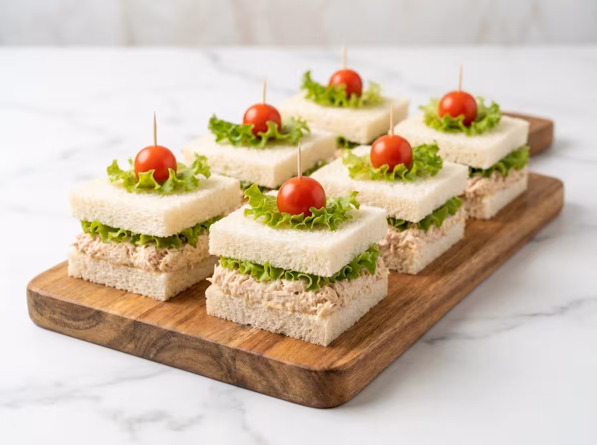 Mini tuna salad sandwiches with lettuce and cherry tomatoes on a wooden serving board.
