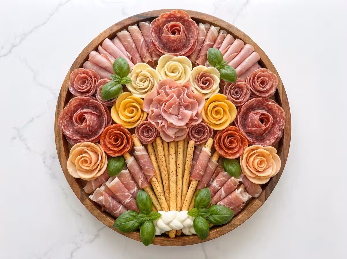 Luxury round charcuterie board arranged with roses of sliced meats, cheese flowers, breadsticks, basil leaves, and prosciutto on a white marble surface.