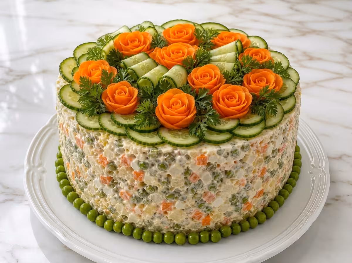 Elegant Olivier salad cake decorated with cucumber slices, carrot roses, fresh dill, and green peas on a white serving platter.