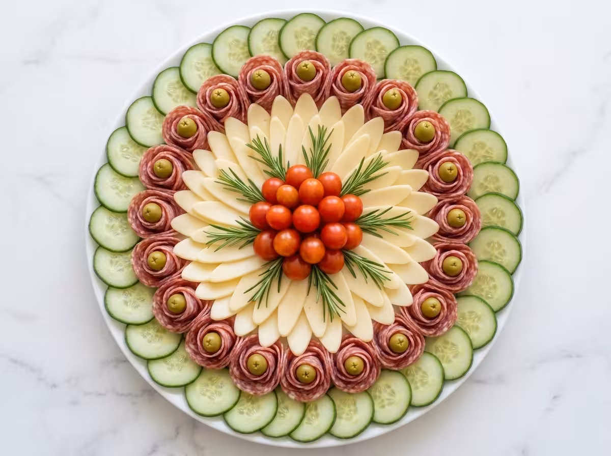 Beautiful appetizer platter with cucumber slices arranged in a floral pattern on a white serving plate.