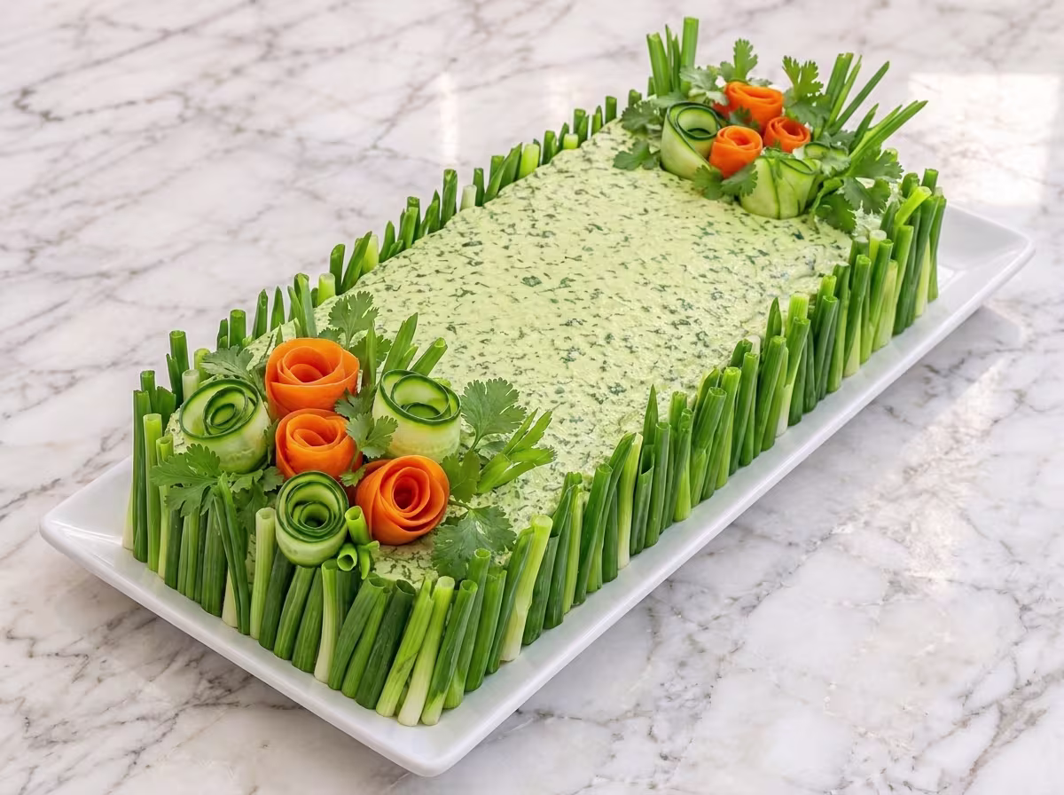 Elegant green herb appetizer platter with cucumber and carrot roses surrounded by fresh green onions and cilantro.