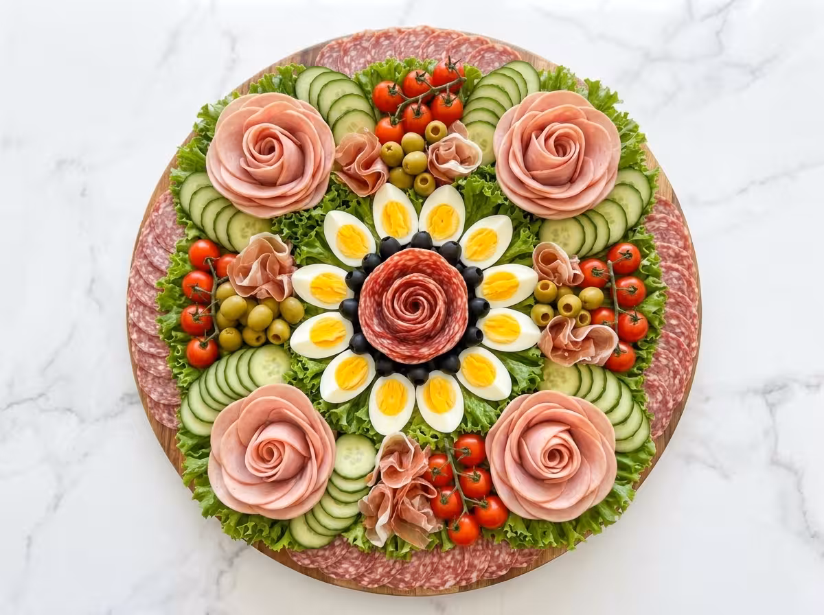 Rose charcuterie grazing platter with salami, deli meat roses, boiled eggs, cucumbers, tomatoes, olives, and lettuce.