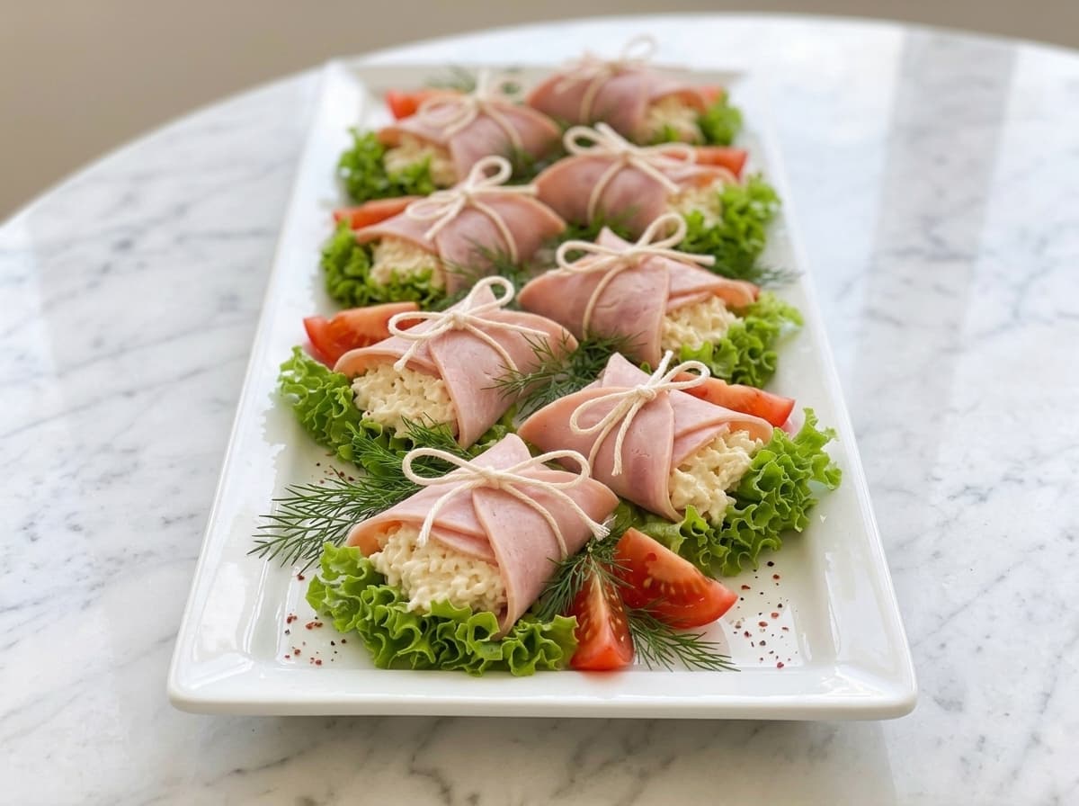 Ham and cheese appetizer parcels filled with creamy cheese salad, served on curly lettuce with tomato wedges and fresh dill on a white rectangular platter.