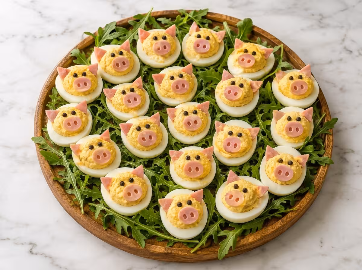 Cute pig-shaped deviled eggs arranged on a bed of fresh arugula.
