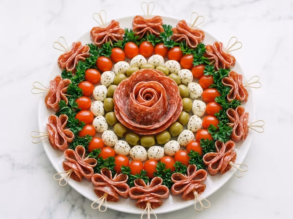 Elegant salami rose charcuterie platter with mozzarella, olives, cherry tomatoes, and fresh parsley arranged in a floral design.