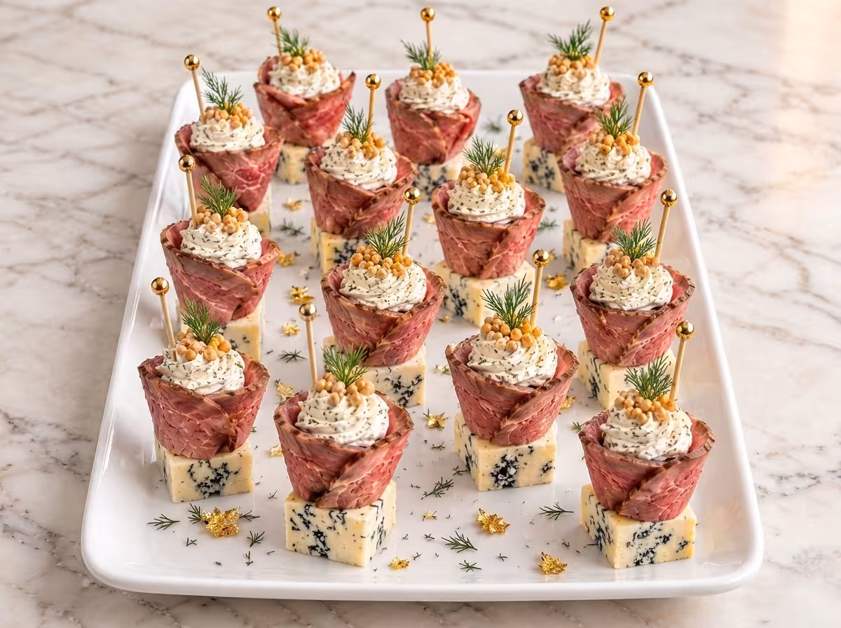 Elegant roast beef cones filled with creamy herbed cheese, topped with golden crispy bites and fresh dill, served on a white platter.