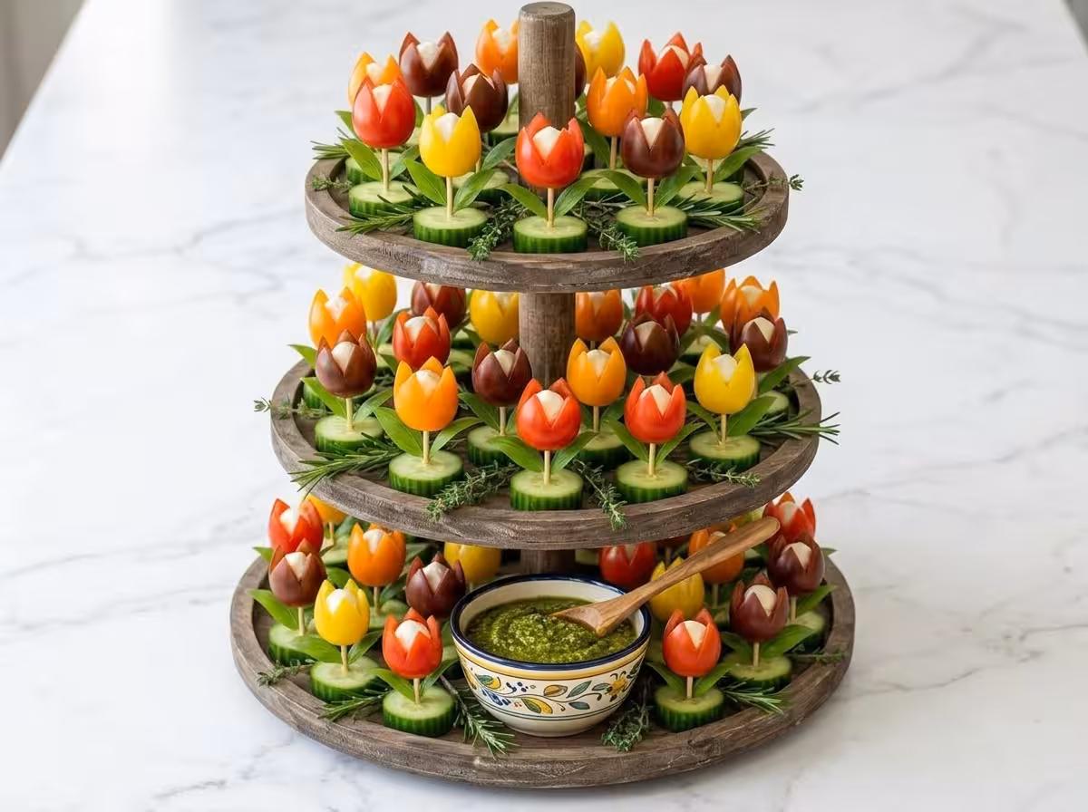 A colorful three-tier rustic wooden serving stand filled with cucumber slices topped with tulip-shaped tomato and cheese appetizers, fresh herbs, green leaves, and a bowl of pesto sauce in the center.