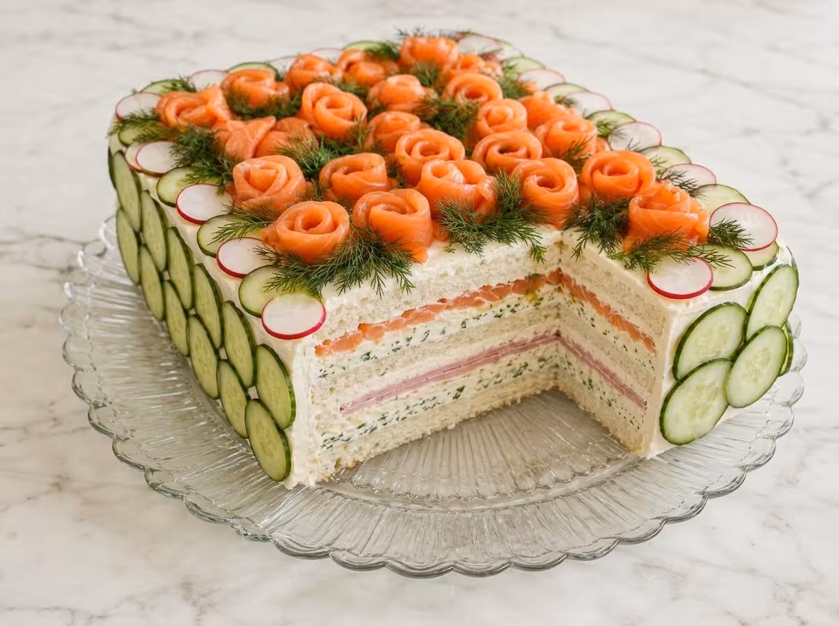 Smoked salmon sandwich cake with creamy herb layers, cucumber, radish, dill, and salmon roses on a glass platter.