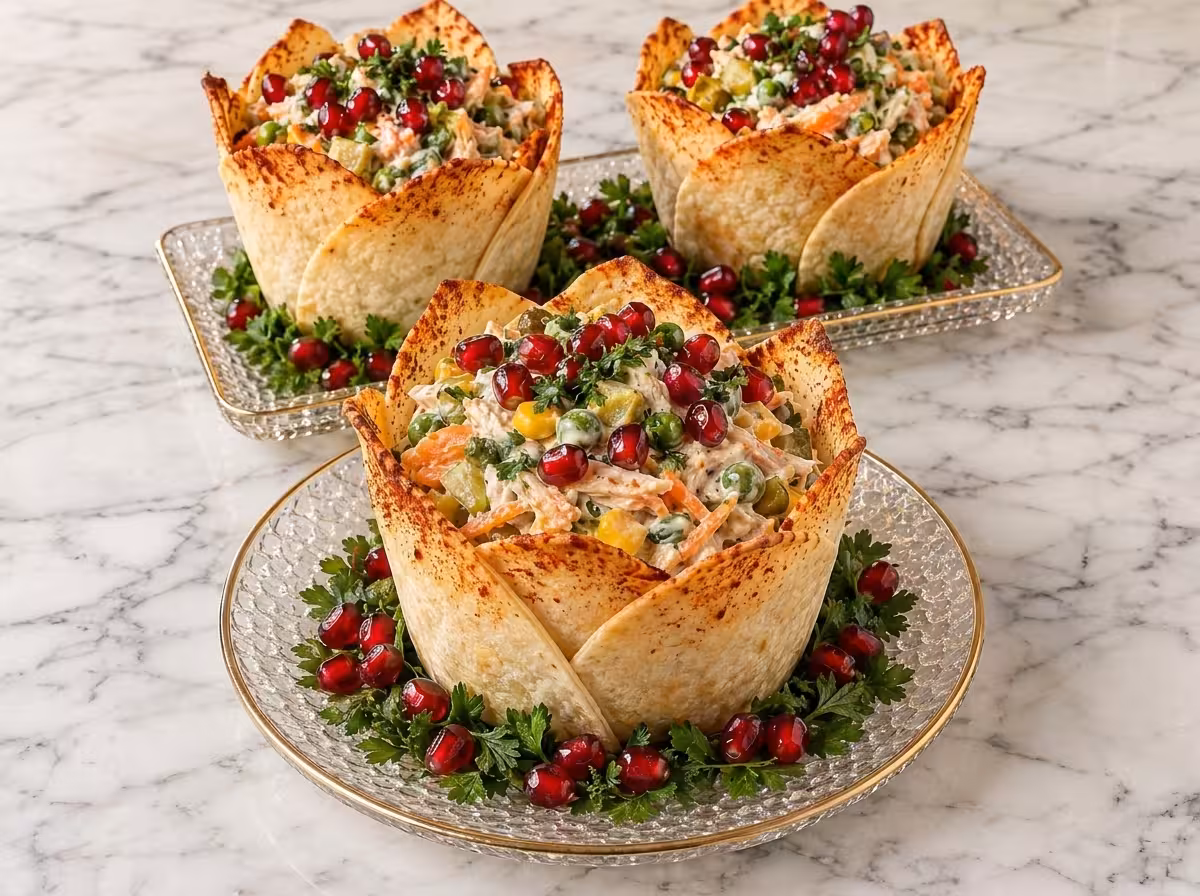 Creamy chicken salad served in crispy tortilla cups with peas, corn, carrots, pickles, fresh parsley, and pomegranate seeds.