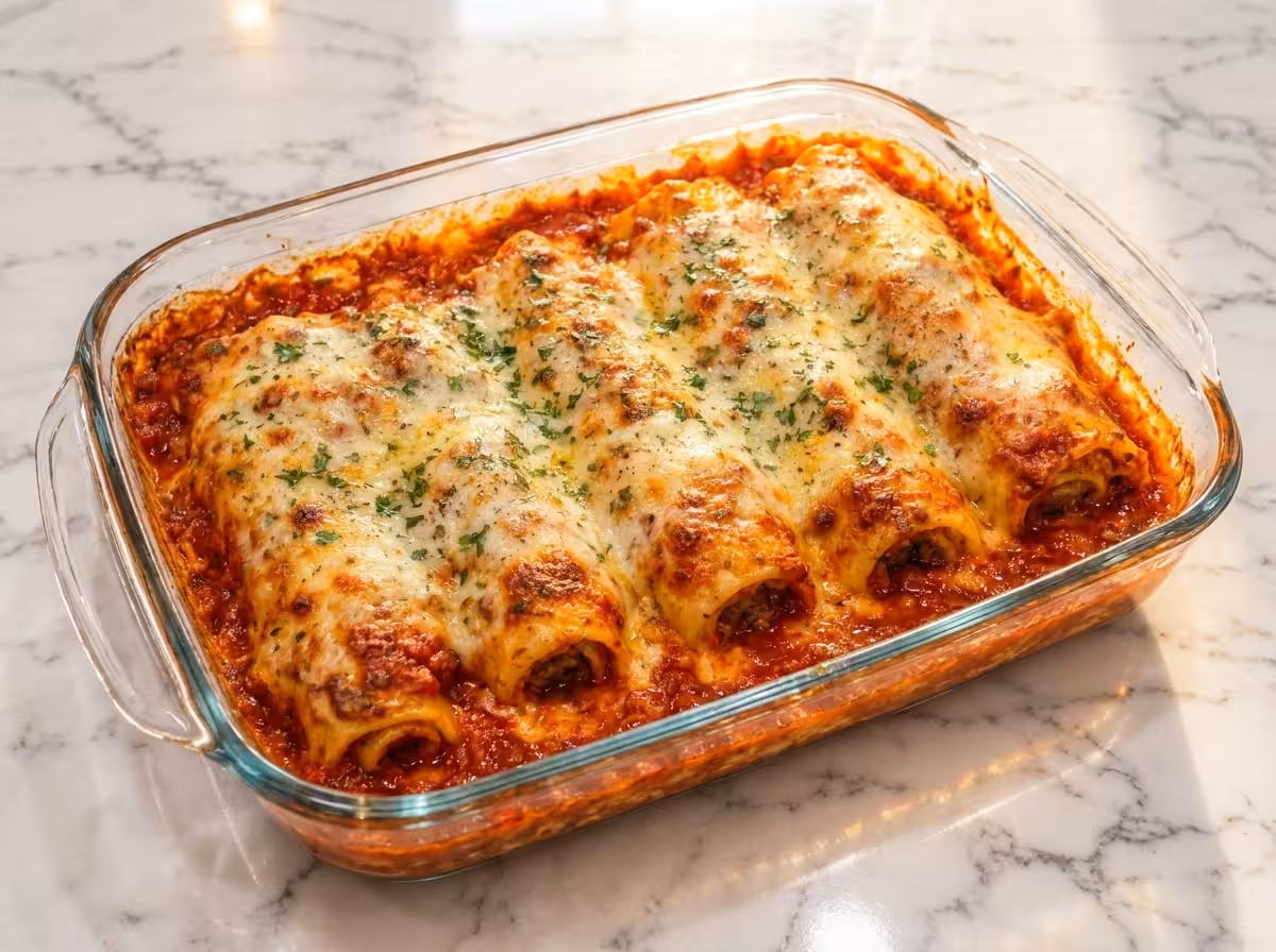 Baked beef cannelloni with rich tomato sauce, melted mozzarella and golden Parmesan on white marble countertop.