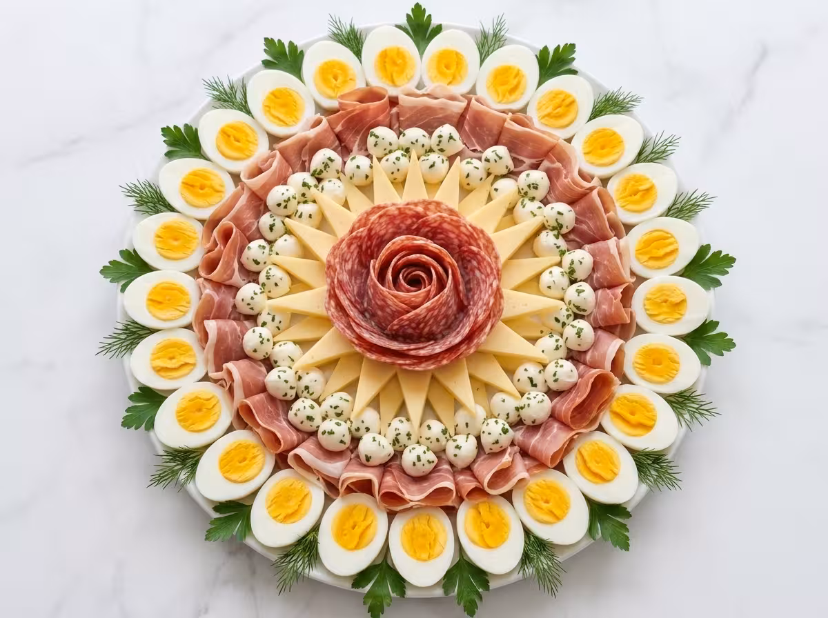 Elegant salami rose charcuterie platter with eggs, cheese, mozzarella pearls, and fresh herbs on a white serving plate.
