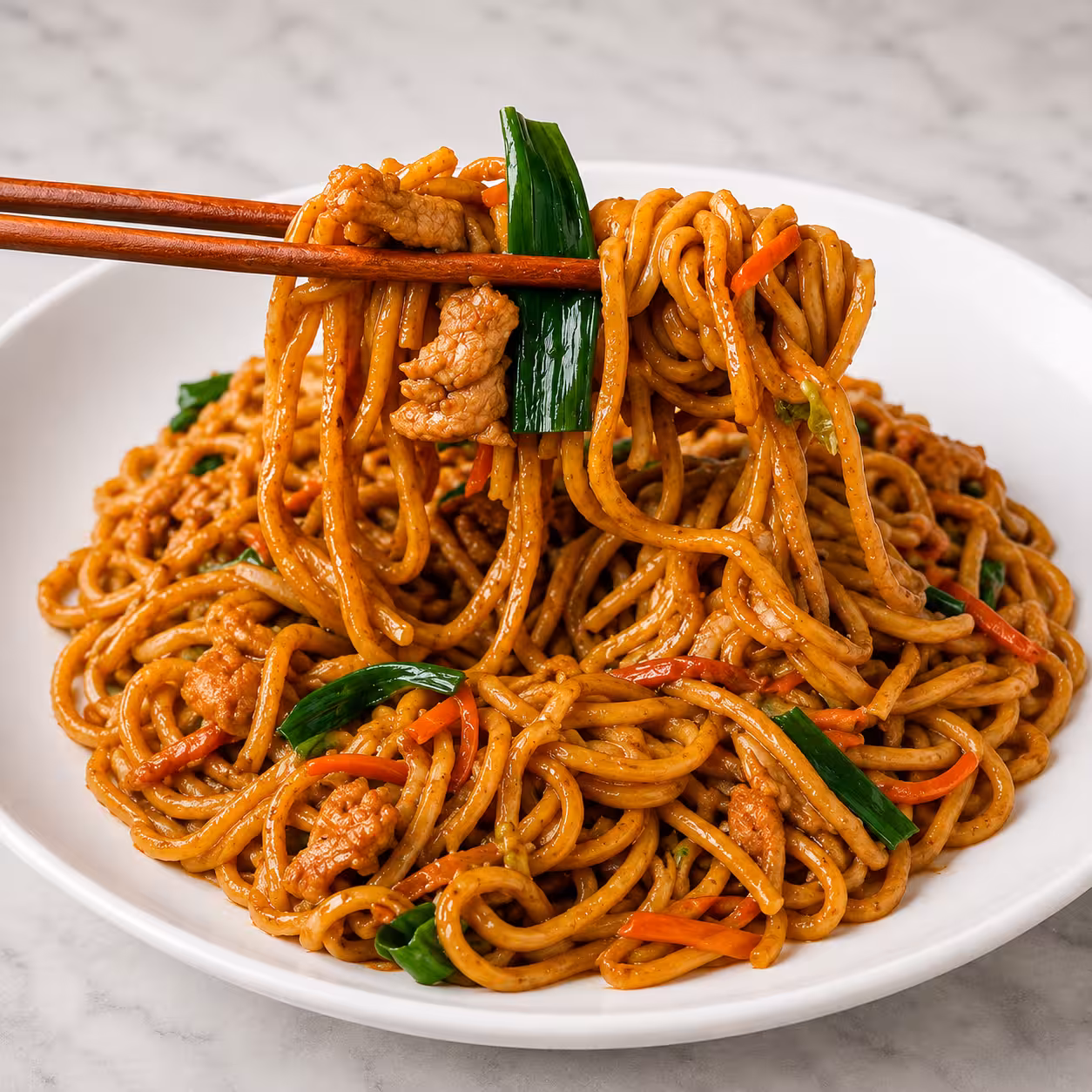 Homemade chicken lo mein with tender chicken, fresh vegetables, and noodles tossed in a savory soy sauce.