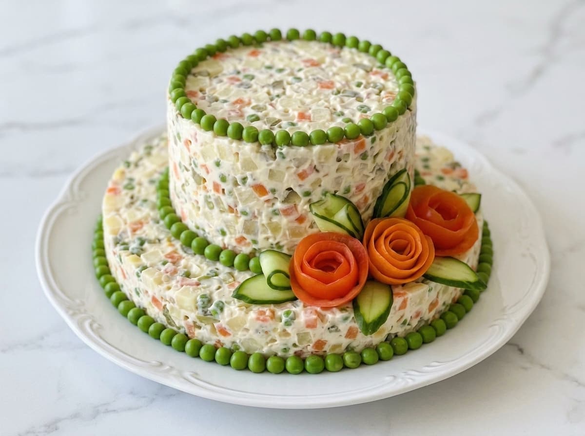 Russian Olivier salad cake with layers of potatoes, carrots, peas, pickles, eggs, and chicken, decorated with cucumber and tomato roses.