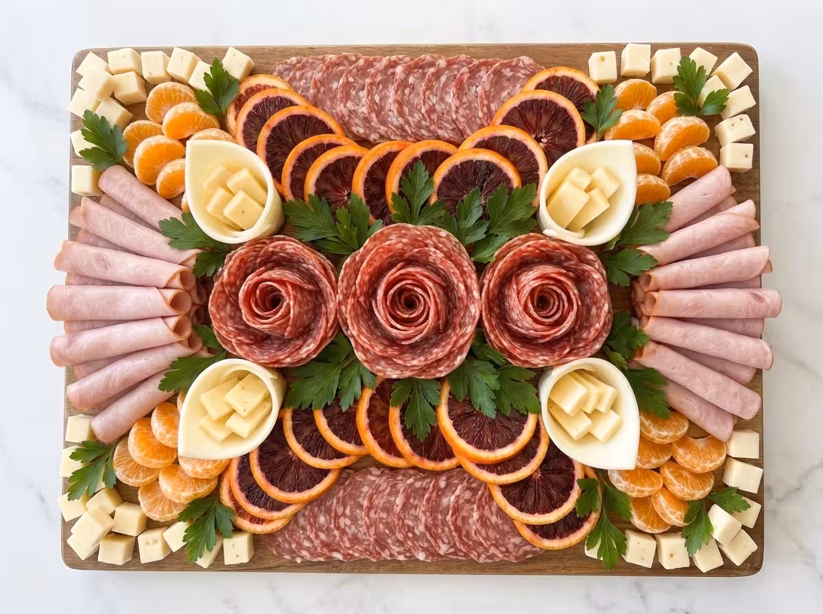 Elegant three-rose salami charcuterie board with citrus slices, turkey deli meat, cheese cubes, mandarins, and fresh parsley arranged on a wooden serving board.