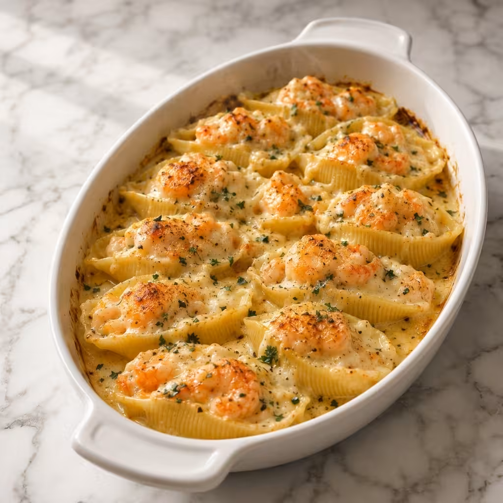 Creamy garlic shrimp stuffed shells baked in a white ceramic dish with melted cheese and fresh parsley.