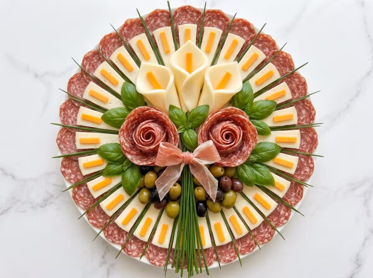 Flower-shaped charcuterie and cheese platter with salami roses, cheese petals, cheddar strips, olives, fresh basil, and chives on a white serving plate.