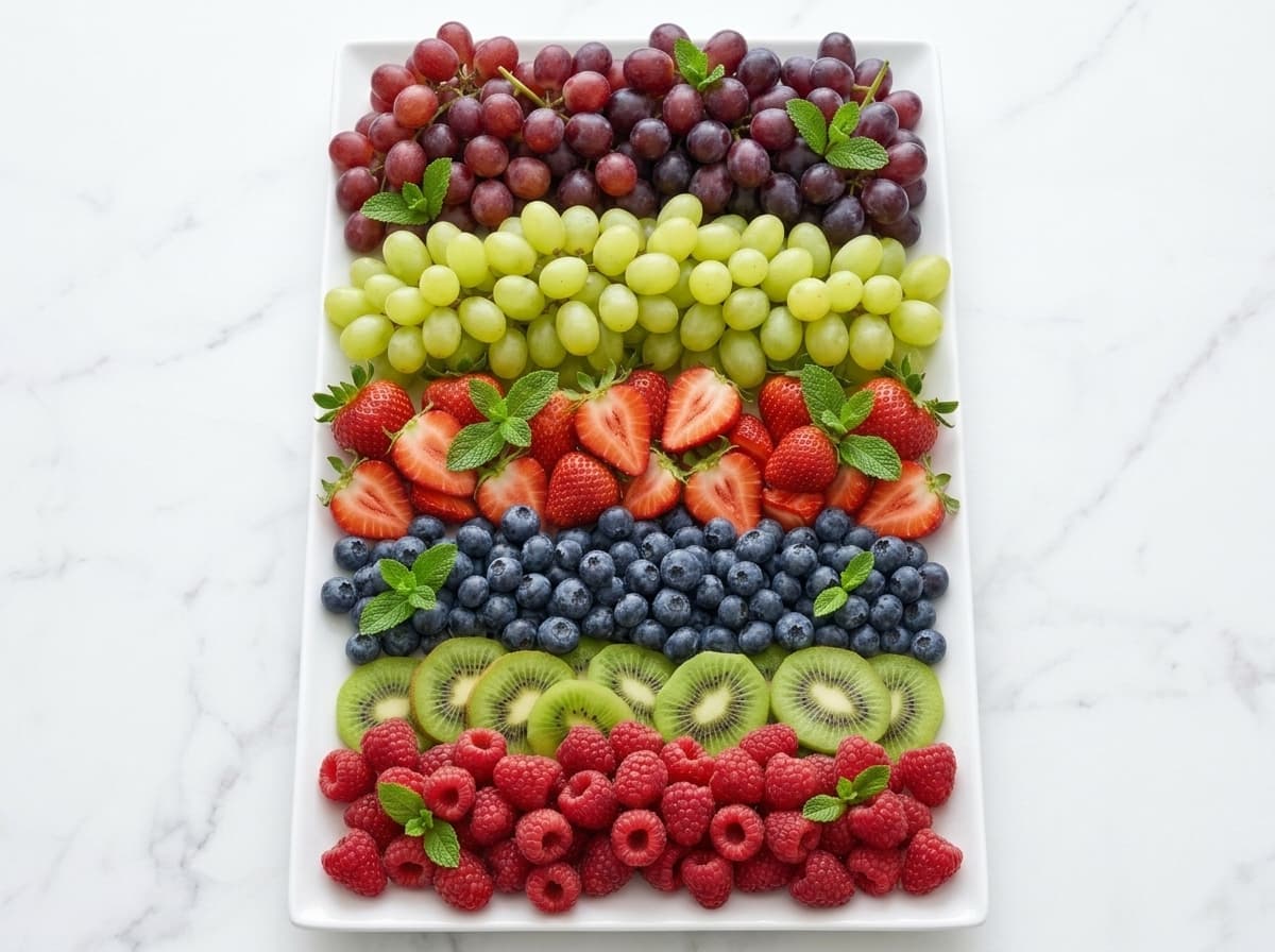 Fresh mixed fruit platter with grapes, strawberries, blueberries, kiwi, raspberries, and mint leaves on a white serving platter.