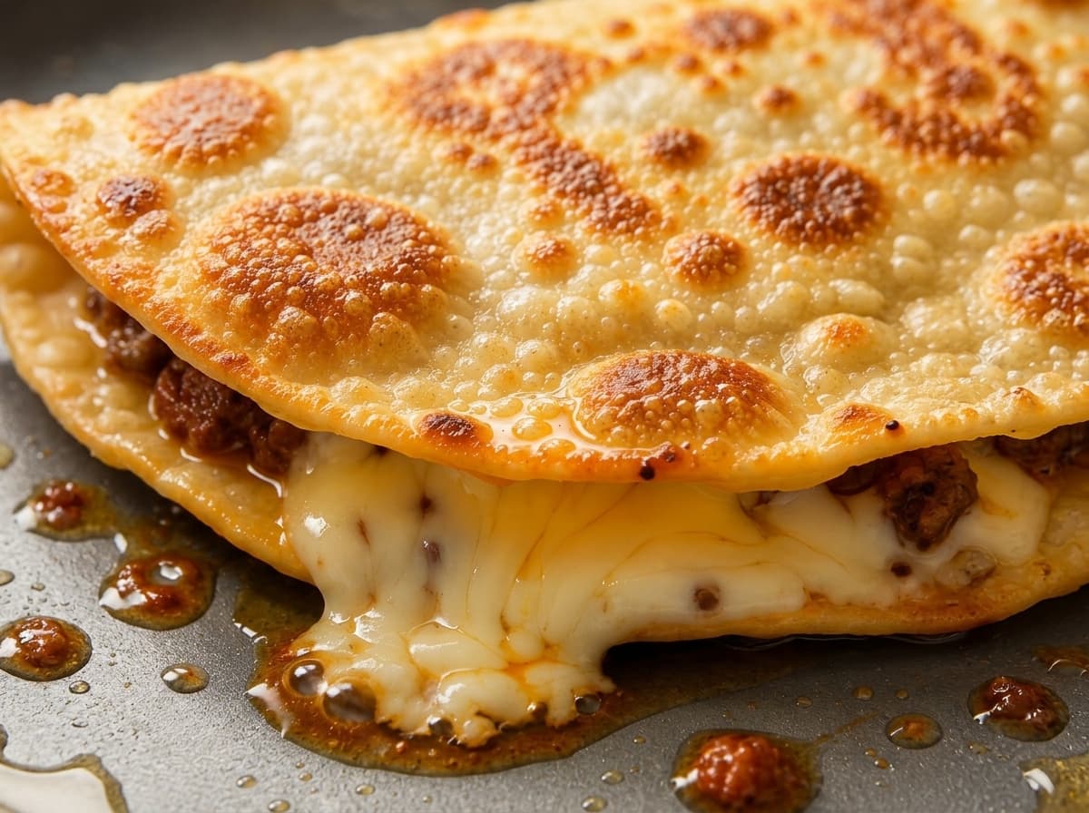 Crispy golden chipotle beef taco with gooey melted cheese and a crunchy blistered tortilla in a skillet.