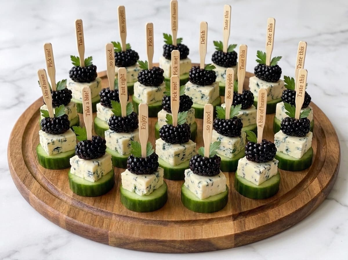Cucumber, blue cheese and blackberry appetizer bites on a serving platter