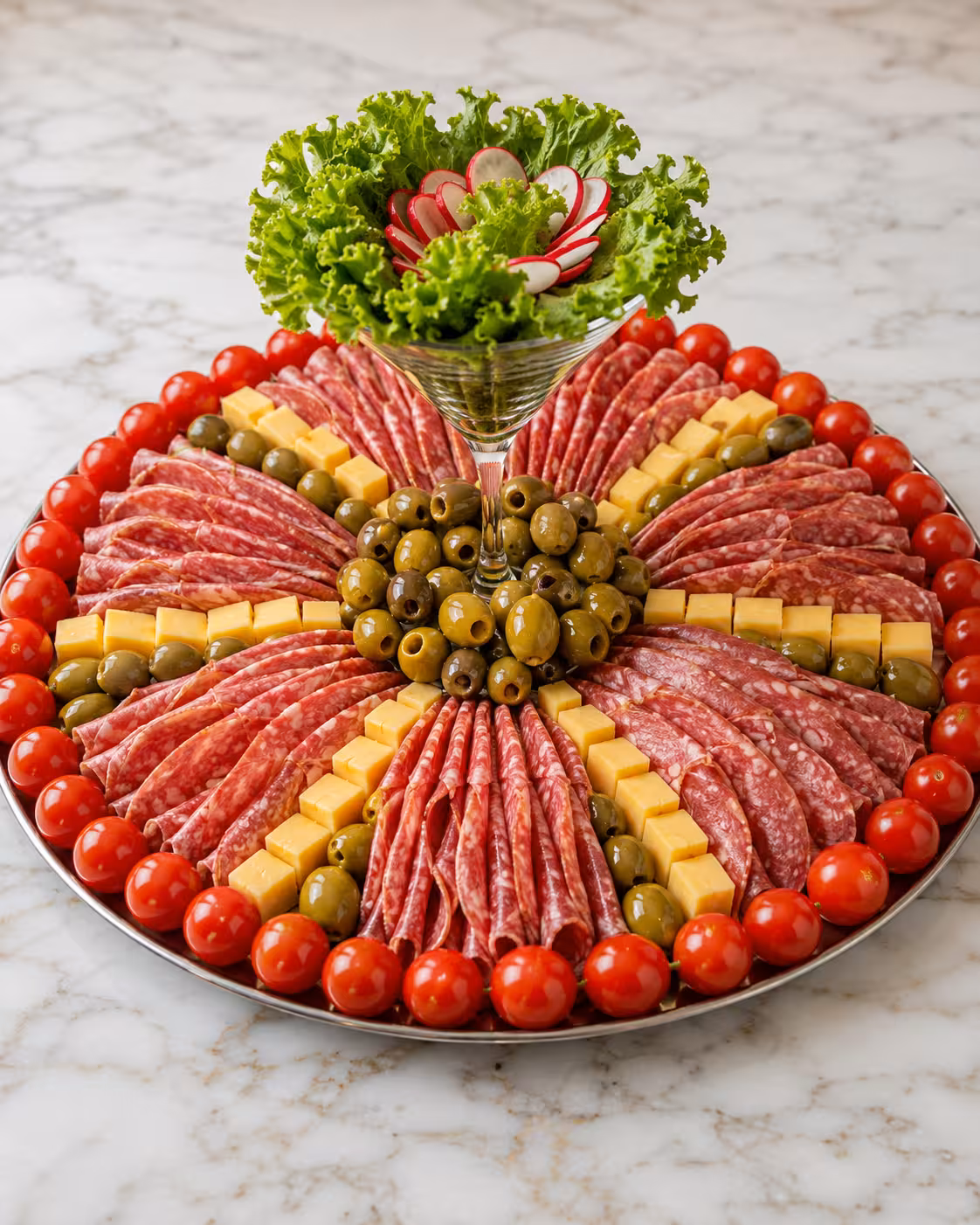 Elegant charcuterie platter with salami, cheese cubes, green olives, cherry tomatoes, lettuce, and radish garnish in a martini glass.