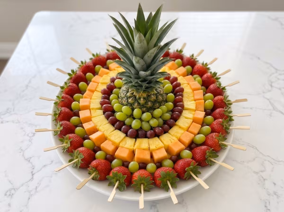 Tropical fruit skewer platter with pineapple, strawberries, green and red grapes, pineapple chunks, and cantaloupe arranged in colorful circular layers.
