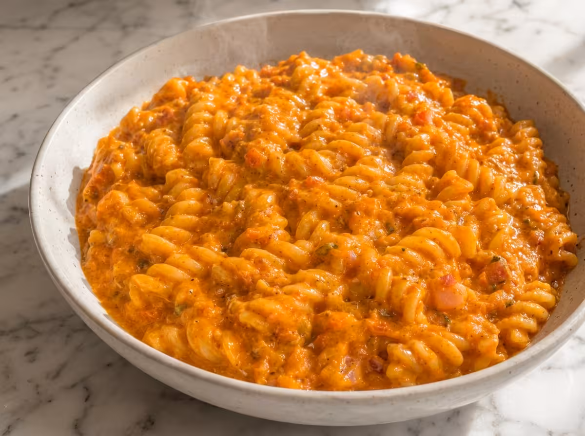 Creamy tomato fusilli pasta coated in a rich orange sauce, served hot in a ceramic bowl on a marble countertop.