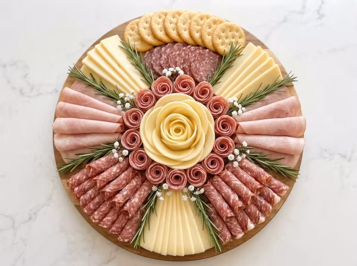 Rose-shaped charcuterie board with salami roses, sliced cheese, crackers, and fresh rosemary arranged on a round wooden board.