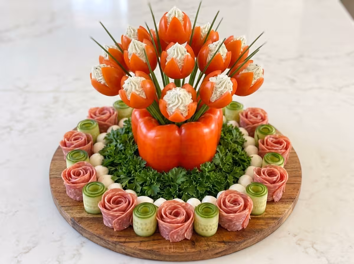 Red pepper tulip appetizer bouquet with creamy herb cheese, cucumber rolls, meat roses, and mozzarella balls on a wooden serving board.