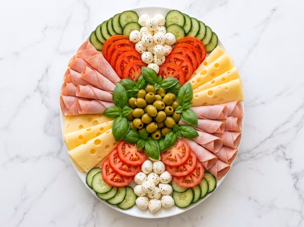 Italian antipasto platter with turkey ham, Swiss cheese, cucumber, tomato, mozzarella pearls, green olives, and fresh basil arranged on a white serving platter.