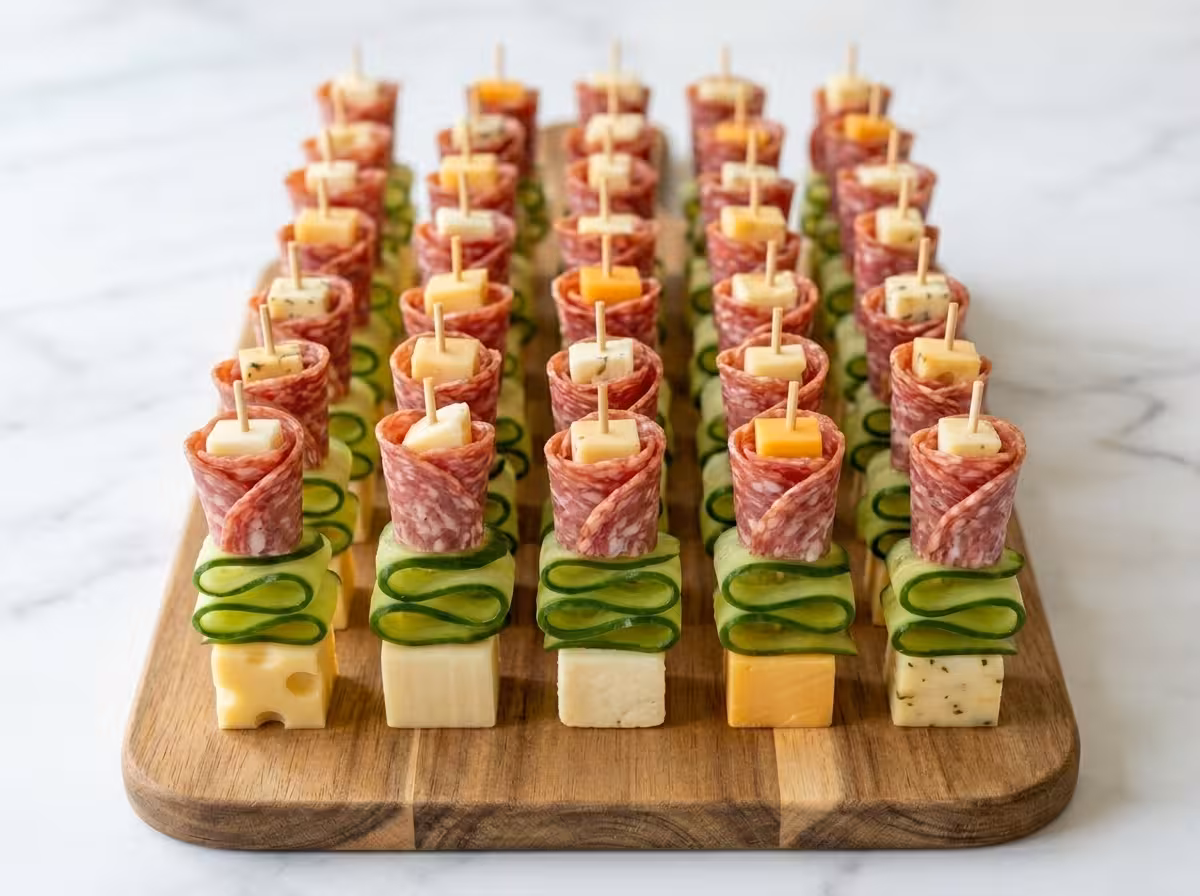 Salami, cheese and cucumber skewers arranged on a rustic wooden serving board.