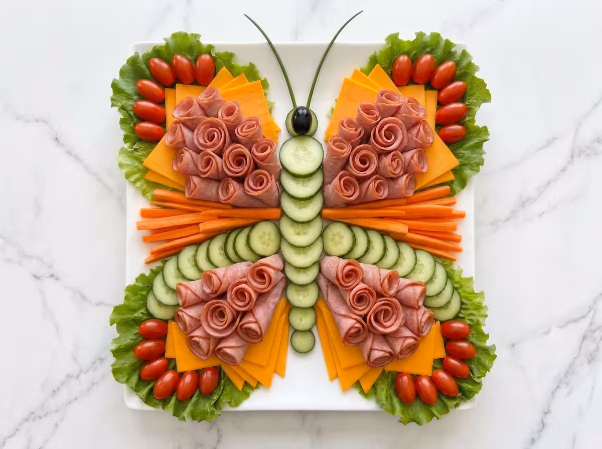 Butterfly-shaped appetizer platter with turkey, cheddar cheese, cucumbers, carrots, cherry tomatoes, and lettuce