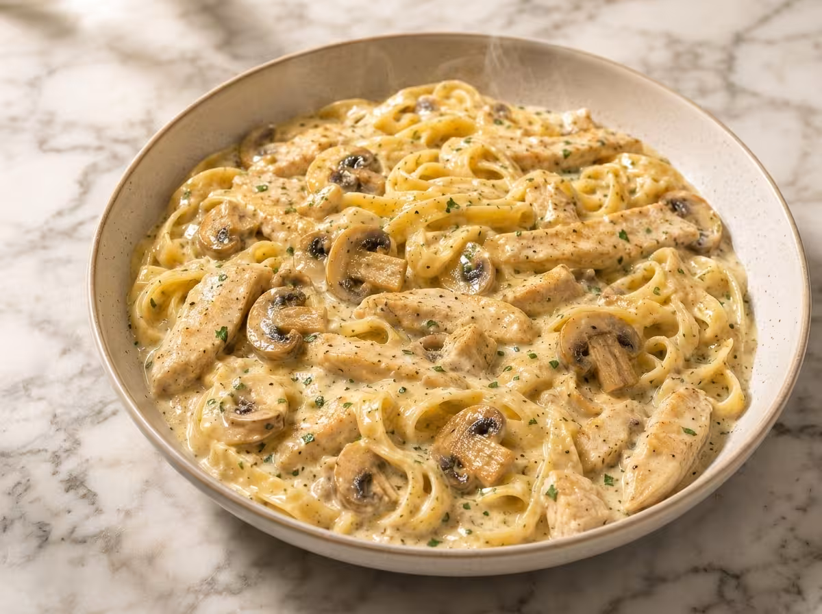 Creamy chicken and mushroom fettuccine in a rich Parmesan sauce, garnished with fresh parsley and served in a ceramic bowl on a marble countertop.