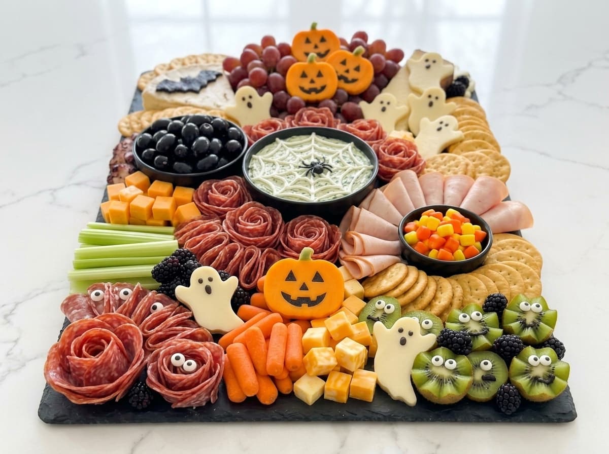 Halloween grazing board with spooky cheese, salami roses, grapes, crackers, vegetables, fruit, pumpkin and ghost-shaped treats, and spiderweb dip.