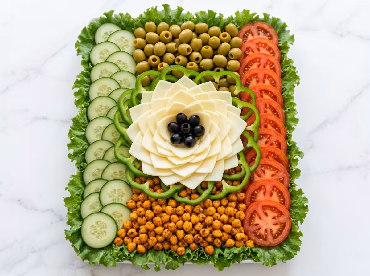 Mediterranean appetizer platter with cucumbers, tomatoes, green olives, roasted chickpeas, peppers, and a cheese flower centerpiece