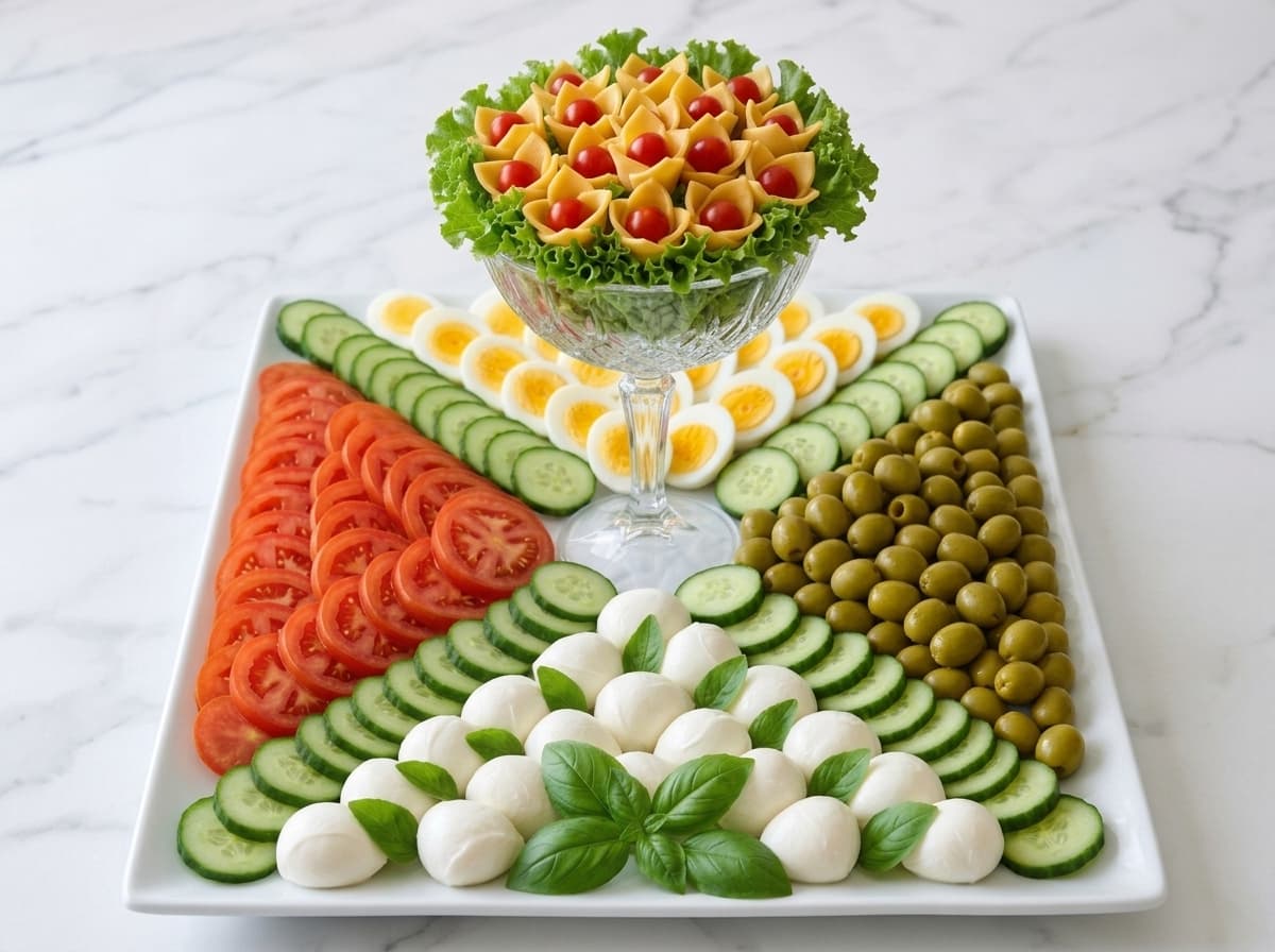 Colorful Mediterranean appetizer platter with sliced tomatoes, cucumbers, boiled eggs, green olives, mozzarella balls, fresh basil, lettuce, and folded cheese cups filled with cherry tomatoes.