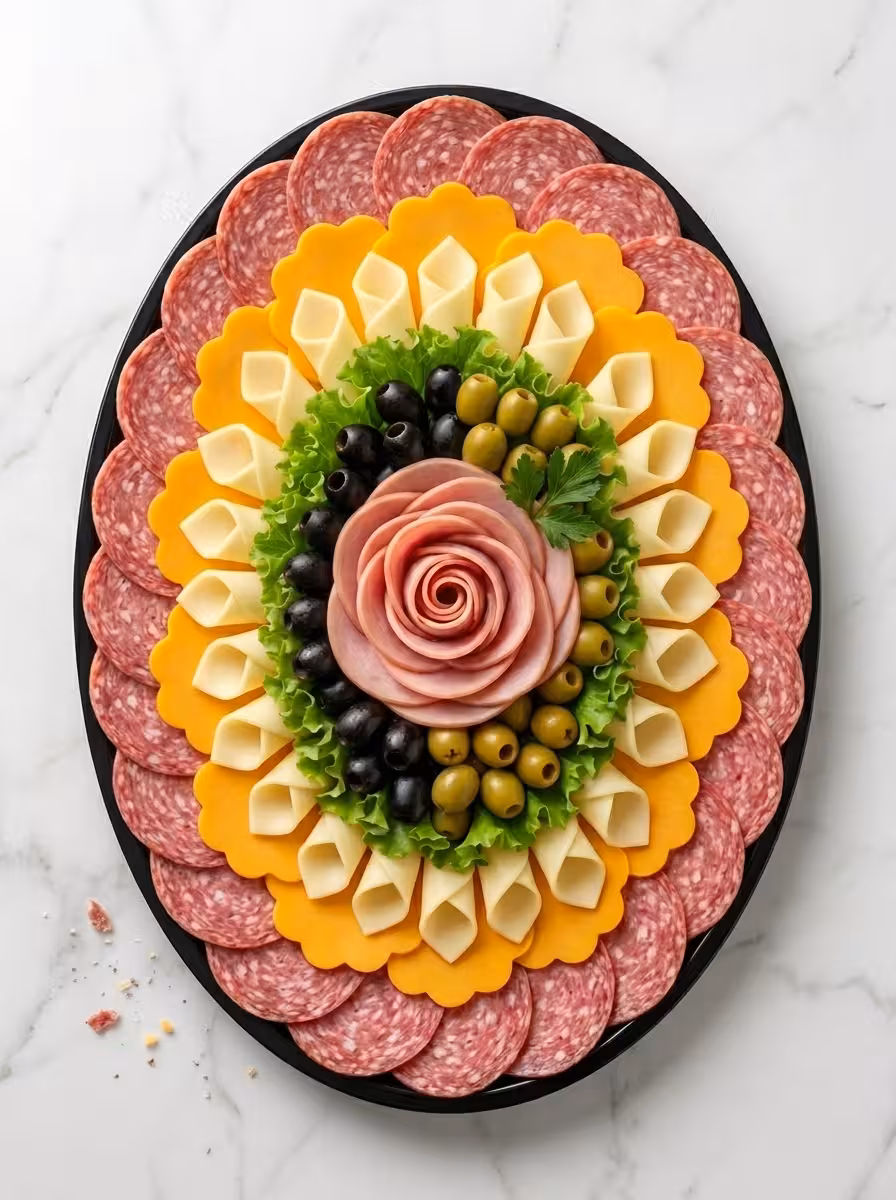 Elegant charcuterie platter with salami, scalloped cheddar, rolled cheese, lettuce, a ham rose, and black and green olives arranged in concentric layers.