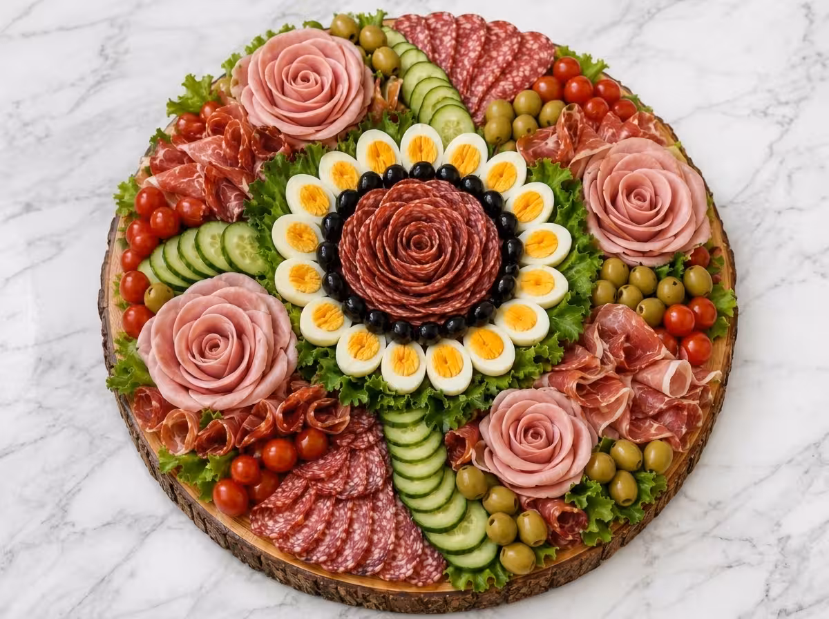 Luxury floral charcuterie grazing board with a salami rose centerpiece, eggs, olives, turkey ham roses, cucumbers, tomatoes, cheese, and lettuce arranged on a round wooden board.